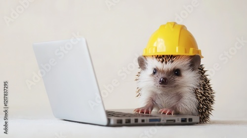 A cute hedgehog wearing a yellow hard hat sits in front of a laptop, giving a humorous take on working animals.