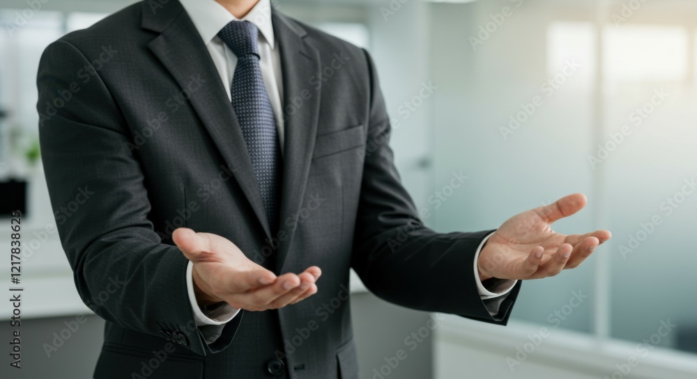 Fototapeta premium A business professional extends their hands in an offering motion, signifying trust and etiquette. 