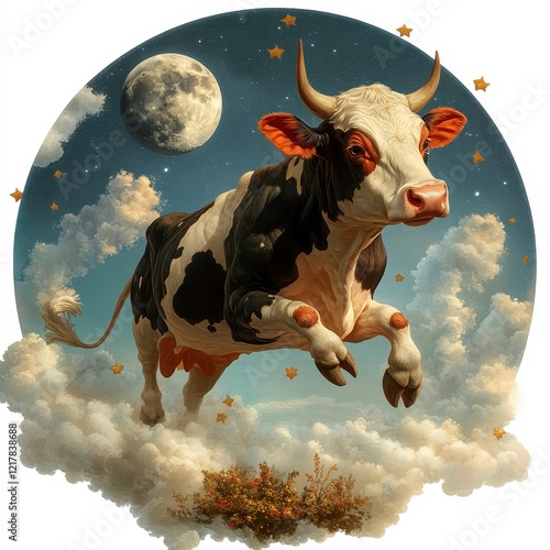 Cartoon Cow Leaping Over the Moon, whimsical scene with a playful cow in mid-jump against a pristine white background, vibrant and detailed illustration
