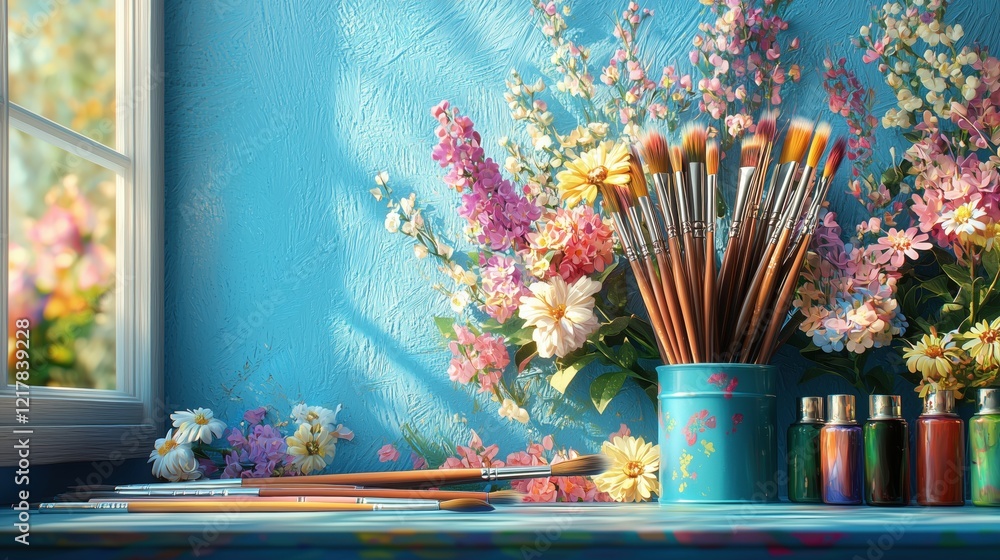 Fototapeta premium Vibrant Paintbrushes Surrounded by Blossoming Spring Flowers