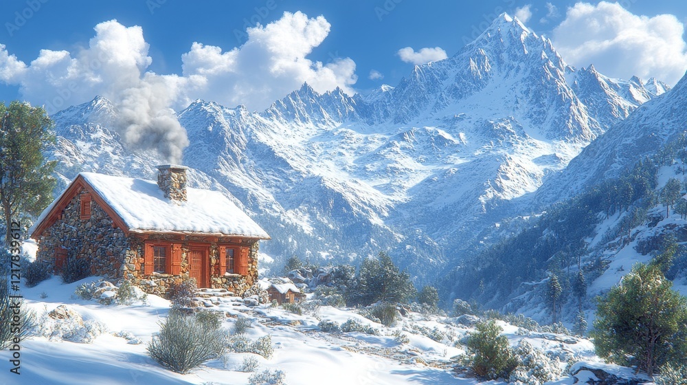 Fototapeta premium A cozy cabin in a snowy mountain landscape under a clear blue sky.