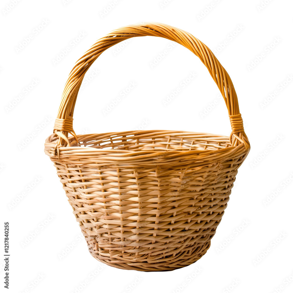 A simple woven basket displayed against a stark transparent background for clear visibility, basket isolated on transparent background A simple woven basket displayed against a stark transparent background for clear visibility, basket isolated on transparent background