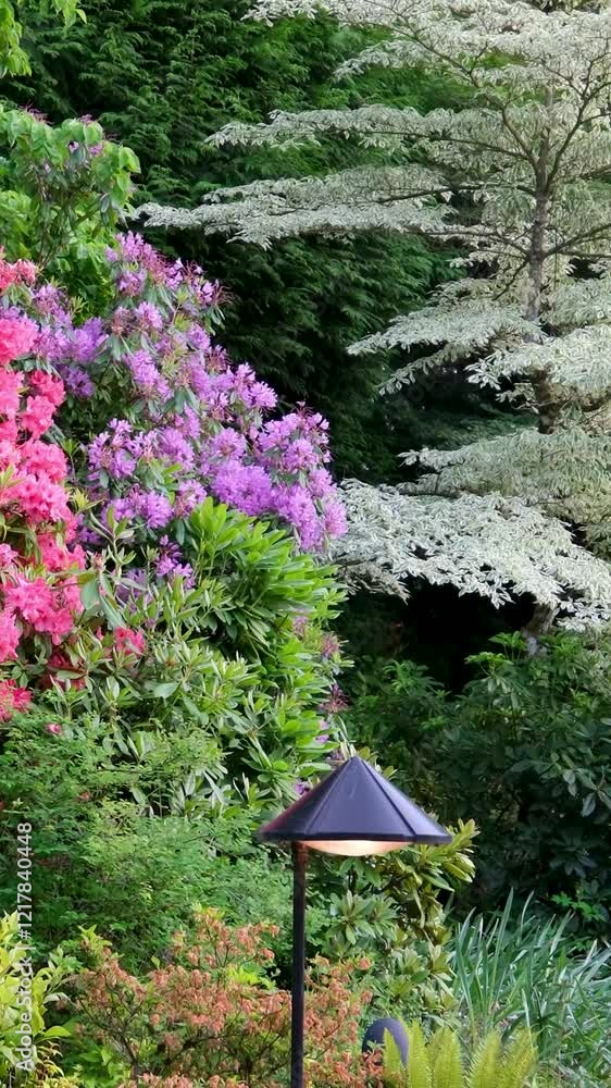 Colorful garden landscape Lush greenery, rhododendrons and red maple in beautiful Japanese garden. Gimbal shot of sunny day in Zen garden in Japan. UHD, 4K Colorful garden landscape Lush greenery, rhododendrons and red maple in beautiful Japanese garden. Gimbal shot of sunny day in Zen garden in Japan. UHD, 4K