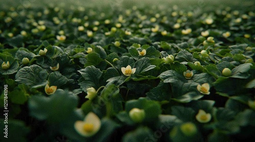   A lush field brimming with verdant foliage, dotted with vibrant yellow and pearly white blooms nestled amongst the leaves