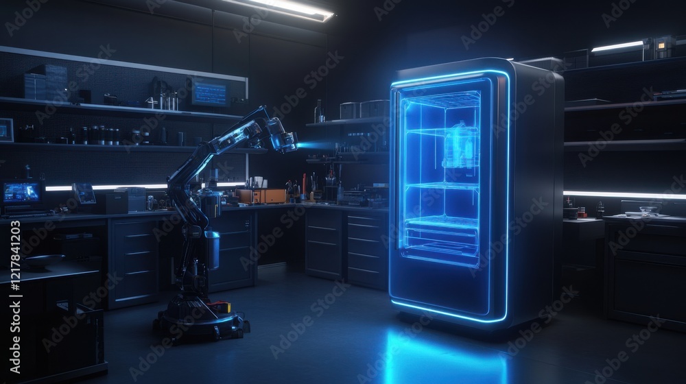 Fototapeta premium Futuristic kitchen scene featuring a robotic arm interacting with a glowing refrigerator in a modern laboratory setting, showcasing advanced technology and innovation.