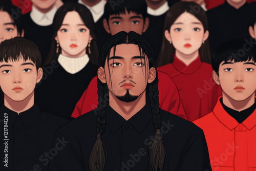 A group of people with one man in the middle with dreadlocks