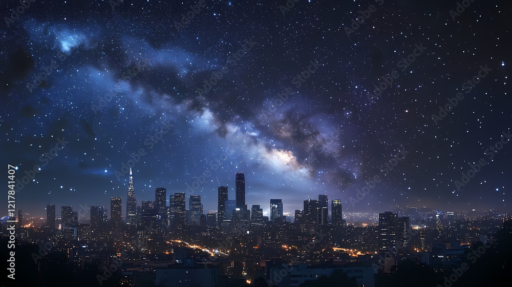 Obraz premium Night sky with stars over a city skyline. Stellar Horizon. Illustration