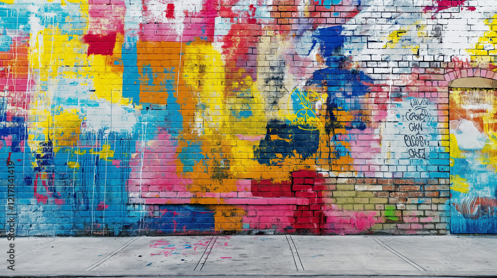 Fototapeta premium Vibrant colors come alive in this street art mural, expressing the artists creativity through a mix of text and graffiti. Generative AI