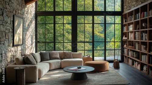 Modern Living Room With Stone Walls And Large Windows