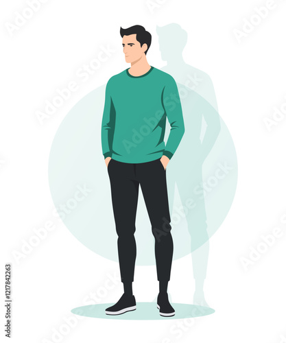 Flat vector illustration of a man in a turquoise sweatshirt and black pants. The faceless figure stands in a relaxed pose with a clean, minimalist design.