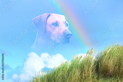 Close-up dog portrait against rainbow on blue sky, white clouds and green grass. Dog Rainbow Bridge concept.