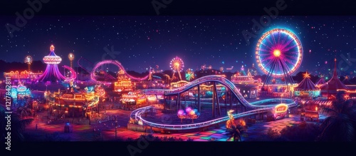 Illuminated Amusement Park at Night with Ferris Wheel Carnival Rides and Festive Lights in a Vibrant Urban Landscape