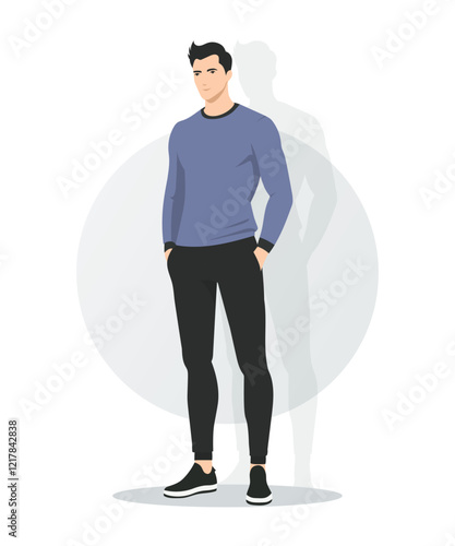 Flat vector illustration of a man in a light purple sweatshirt and black pants. The minimalist, faceless figure stands in a relaxed and modern posture.