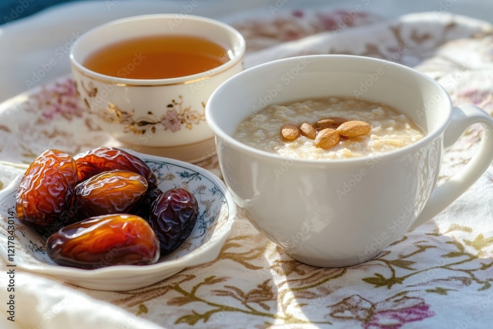 Suhoor meal with dates, porridge, and tea, representing the pre-dawn meal during the islamic holy month of ramadan Suhoor meal with dates, porridge, and tea, representing the pre-dawn meal during the islamic holy month of ramadan