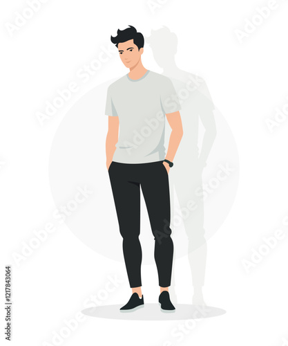 Flat vector illustration of a man in a light gray T-shirt and black pants. Faceless and minimalist, the figure stands in a casual, modern pose.
