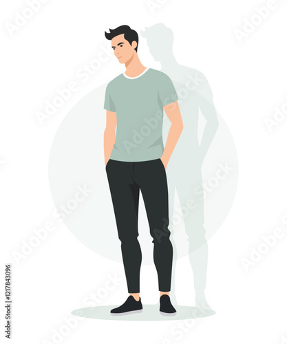 Flat vector illustration of a man in a light green T-shirt and black pants. The figure is faceless, standing casually in a modern minimalist style.