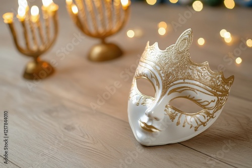 White and gold purim mask lying on wooden table near a menorah, celebrating jewish holiday with festive bokeh lights photo