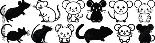 Mouse silhouettes set, rat pack of vector silhouette design, isolated background