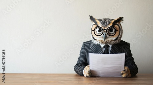 A dapper owl in a suit reads a document at a table, combining whimsical humor with a touch of professionalism.