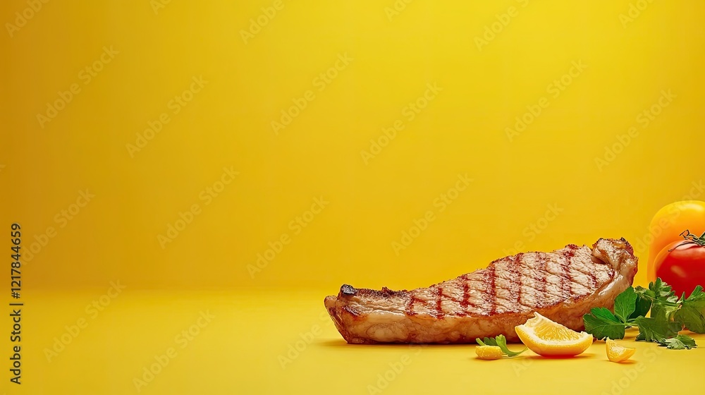 Fototapeta premium Grilled Steak with Fresh Vegetables on Vibrant Yellow Background