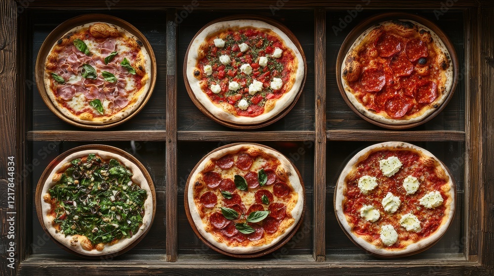 A rustic display of six assorted pizzas, each featuring unique toppings and crusts, arranged neatly in a wooden tray. A rustic display of six assorted pizzas, each featuring unique toppings and crusts, arranged neatly in a wooden tray.