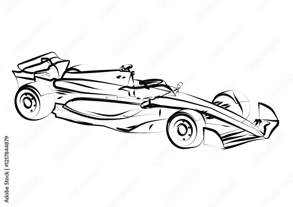 Obraz premium Line art sketch of sports Formula car 2024, side view. Vector line drawing for brochure or t-shirt print.
