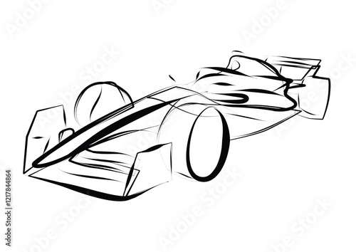 Line art sketch of sports Formula car 2024, side view. Vector line drawing for brochure or t-shirt print.