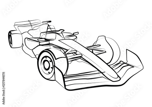 Line art sketch of sports Formula car 2024, side view. Vector line drawing for brochure or t-shirt print.