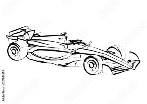 Line art sketch of sports Formula car 2024, side view. Vector line drawing for brochure or t-shirt print.