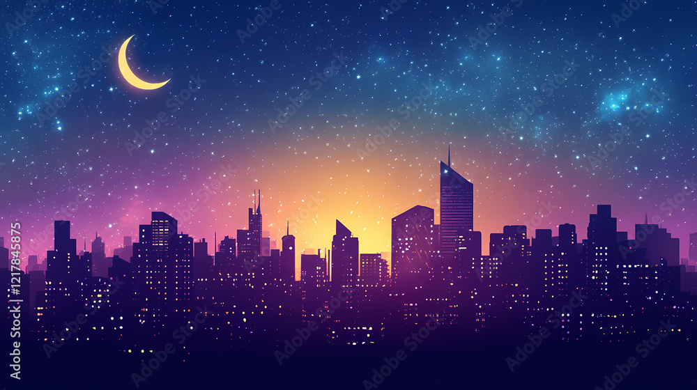 Futuristic cityscape at night: a digital metropolis gleaming under a starry sky. Stellar Horizon. Illustration Futuristic cityscape at night: a digital metropolis gleaming under a starry sky. Stellar Horizon. Illustration