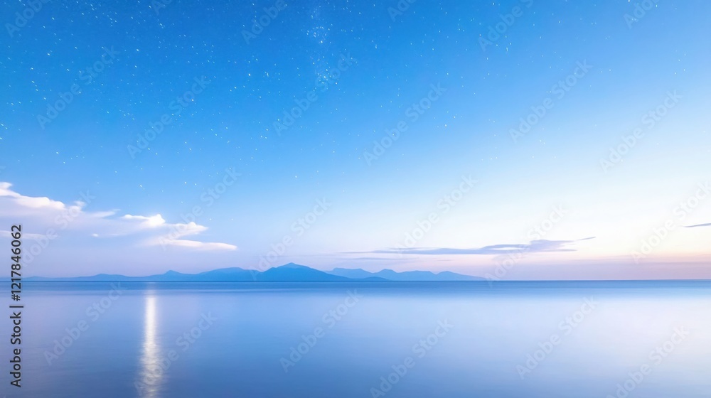 Fototapeta premium Tranquil ocean reflecting starry night sky with distant mountains and soft clouds at twilight