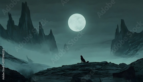 Lone Wolf Howling Underneath a Full Moon in a Mountainous Landscape