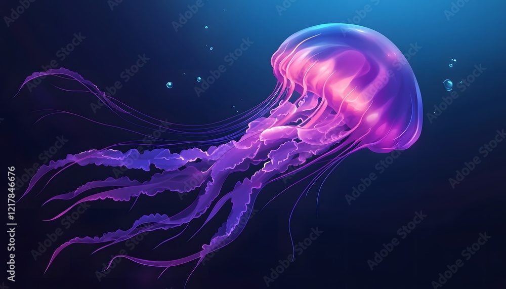 Naklejka premium A vibrant purple jellyfish floats gracefully in the deep ocean
