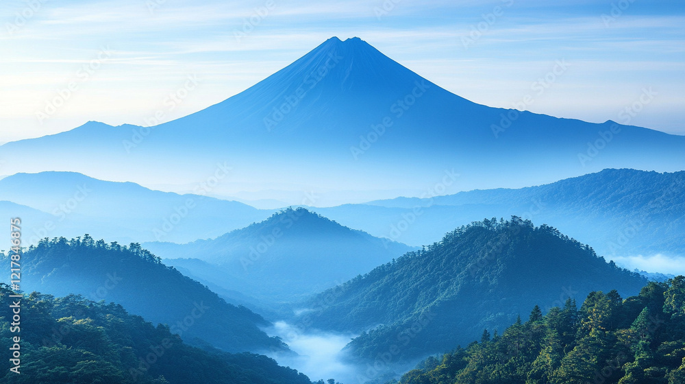 Naklejka premium Silhouette of a volcanic peak against a clear sky with soft-focused mountains below, a minimalistic and bright tone creating an empty blank caption space on the side, evoking calm amidst chaos