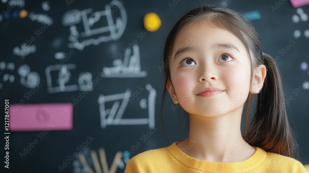 Portrait of a pensive young student looking up, contemplating in front of a blackboard filled with drawings and notes Portrait of a pensive young student looking up, contemplating in front of a blackboard filled with drawings and notes