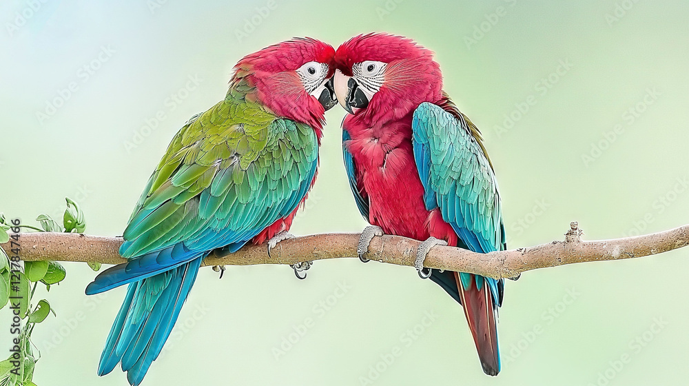 Obraz premium Two vibrant parrots perched on a branch with intertwined beaks against a lush green backdrop