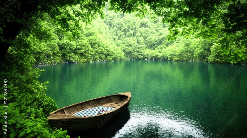 Serene Wooden Boat on a Tranquil Emerald Lake Surrounded by Lush Green Forest Serene Wooden Boat on a Tranquil Emerald Lake Surrounded by Lush Green Forest