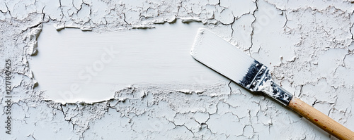 Panoramic view with spackling knife smoothing white plaster on a cracked wall. Construction concept. photo