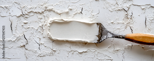 Panoramic view with spackling knife smoothing white plaster on a cracked wall. Construction concept. photo