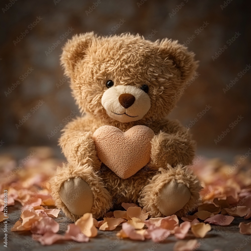 Cute teddy holding heart with petals Cute teddy holding heart with petals