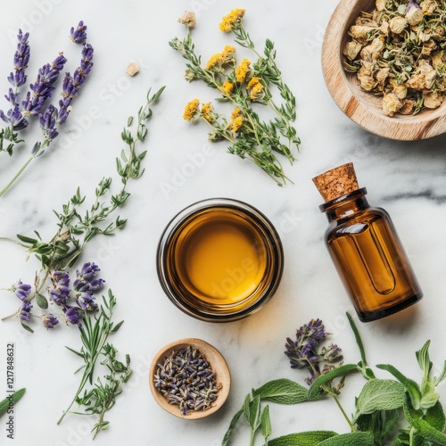 A flat lay of essential oils and herbs, featuring lavender, chamomile, and an amber bottle, set on a marble surface.