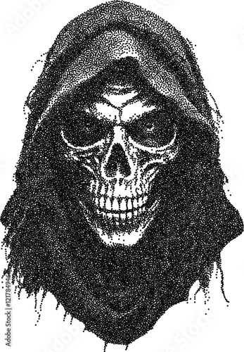 Reaper vintage y2k stipple art, ghost halftone stipple brutalist retro vector png with transparent background, death 2000s aesthetic photocopy effect tattoo