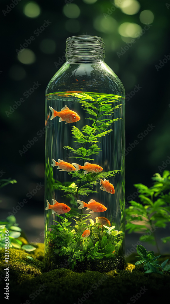 Bunte Goldfische in einer klaren Flasche umgeben von üppigem Grün
Bunte Goldfische in einer klaren Flasche umgeben von üppigem Grün