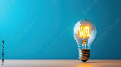 Bright Vintage Light Bulb on Simple Blue Background Illuminating the Space with Warm Glow and Soft Shadows