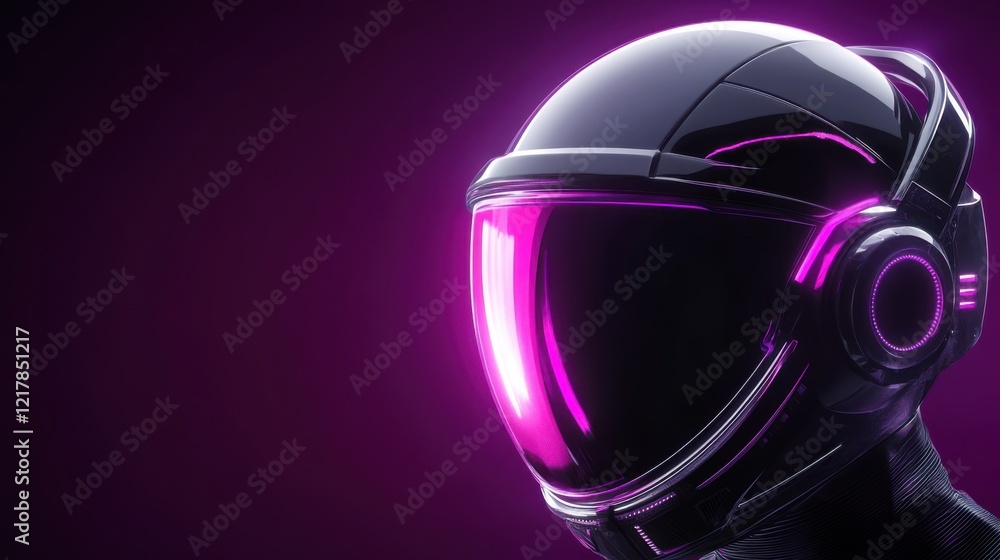 Futuristic Astronaut Helmet with Neon Lights Against a Vibrant Purple Background, Ideal for Sci-Fi and Technology Themes in Graphic Design or Advertising Futuristic Astronaut Helmet with Neon Lights Against a Vibrant Purple Background, Ideal for Sci-Fi and Technology Themes in Graphic Design or Advertising