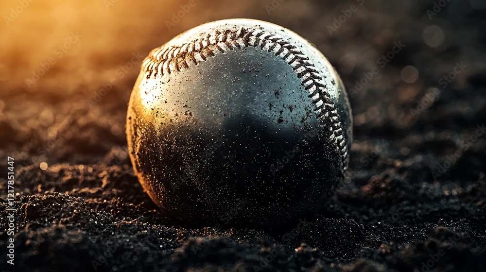 Close-up of a muddy baseball half-buried in infield dirt, conveying the aftermath of an intense game, raw sports action concept Close-up of a muddy baseball half-buried in infield dirt, conveying the aftermath of an intense game, raw sports action concept
