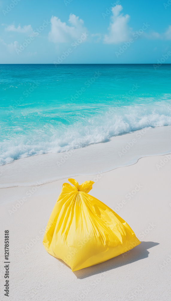 Gelber Abfallsack am Strand vor türkisfarbenem Wasser
Gelber Abfallsack am Strand vor türkisfarbenem Wasser