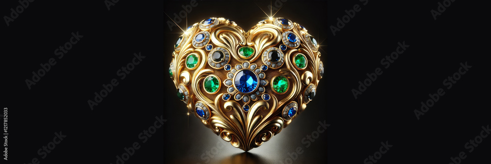 Fototapeta premium Jewelry Glowing Gold Heart Treasure Illustration. Amazing Lace Decoration for Valentine Day or Wedding Greeting Card Invitation Design. Rich Luxury Glowing Shiny Diamond Brilliant Heart Stone Jawel. 