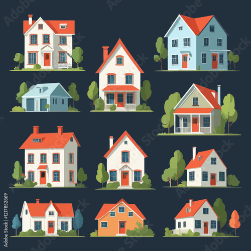 Exterior architecture of the house. Facades of domestic buildings adjusted. Residential urban, suburban real estate in traditional and contemporary style.  flat graphic vector illustrations isolated o