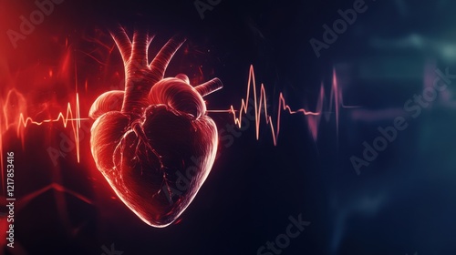 A dramatic image of a human heart beating, with pulse lines animated across a dark, abstract background